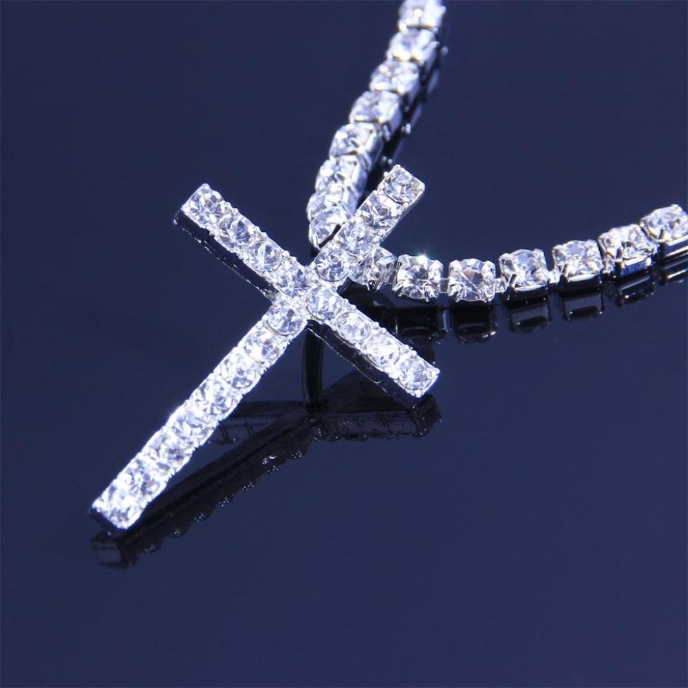 Big Cross Necklace Tennis Chain Crystal Rhinestone Choker Necklace Women Collar - Picture 3 of 8